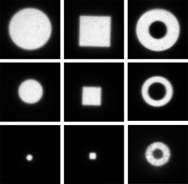 images of available beam profiles: circles, squares and doughnut shapes in three progressive sizes